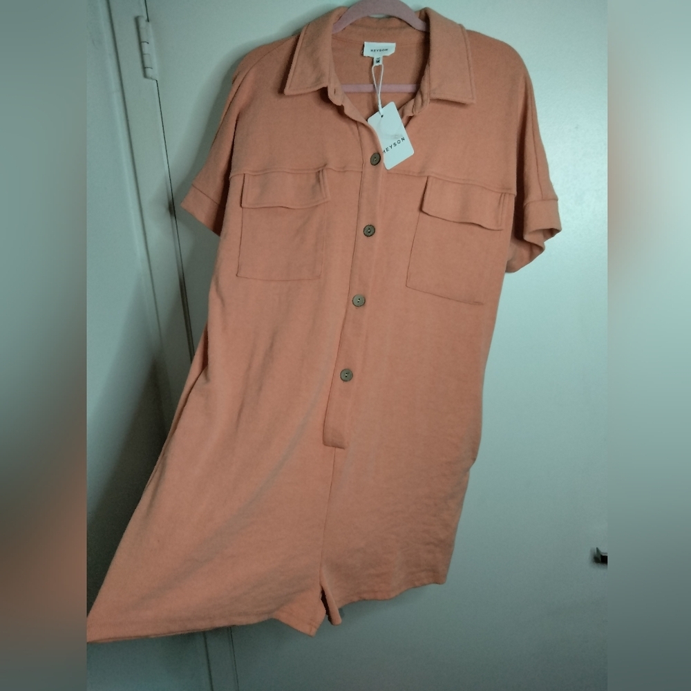 Heyson (Size M) Orange Stretch Ribbed SS Button Down Front Romper (NEW-NWT)